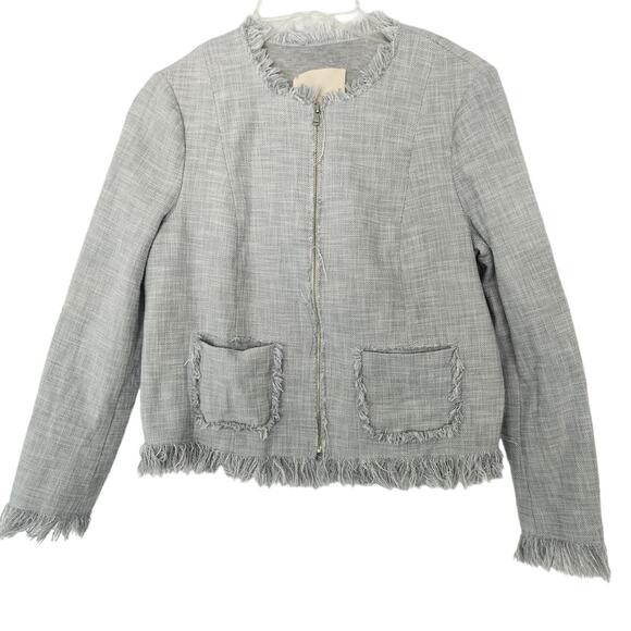 Rebecca Taylor Gray Tweed Blazer Jacket sz 4 Fringe Cropped Full Zip Preppy - Picture 1 of 6